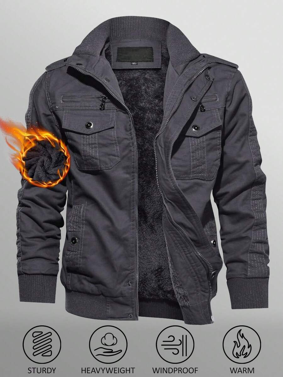 Men's Casual Workwear Jacket Padded Lined Warm Thickened Jacket Hooded Multi-Pocket Outdoor Activity Jacket - 深灰色 - 查看 1