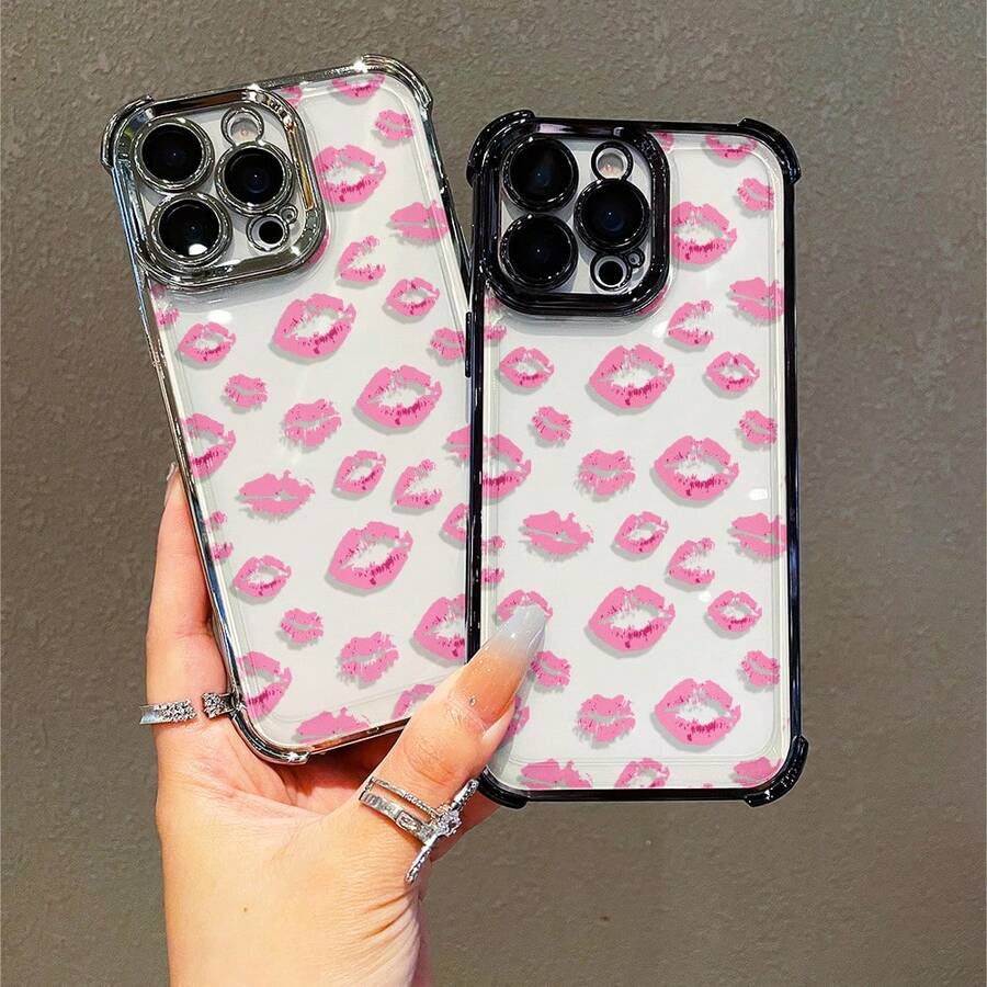 1 Stück, Lippenabdruckmuster, einfaches, stilvolles, quadratisches Handyhülle für iPhone 11/12/13/14/15/17/Air/Pro/Plus/Pro Max und Galaxy S22/S223/S84/S25/Ultra/FE/EDGE. Geeignet als Geschenk für Freunde oder Valentinstagsgeschenke. - Verschiedenfarbig - Übersicht 1