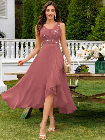 MIUSOL Deep V-Neck Contrast Lace Sequin Ruffle Hem Chiffon Formal Party Maxi Dress