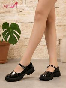 Bailarinas cuadradas para mujer, zapatos planos de piel sintética tipo Mary Jane, transpirables y casuales, elegantes y de moda, bailarinas de ante, zapatos versátiles de moda casual para mujer, para ir al trabajo y de vacaciones,zapatos para mujer,zapatos comodos de mujer, Zapatos De Estilo Mary Jane Para Mujer De Talla Grande, De Estilo Minimalista Y Preppy, De Piel Sintética (PU), Tacón Grueso, Suela Plana Gruesa Y Versátil De Color Negro Brillante,zapatos para mujer,Cómodos oxfords con elevación, zapatos para fiesta estilo británico.Regalos para mujer/mamá/niña - Negro - Ver 9