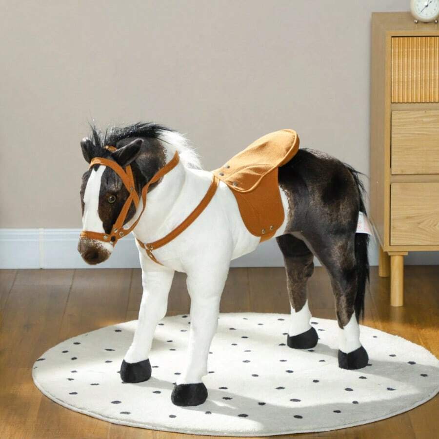 Realistic Plush Ride-On Horse Toy For Kids 3-8, Stuffed Animal Pony With Saddle, Interactive Riding Toy For Children - Brown - View 1