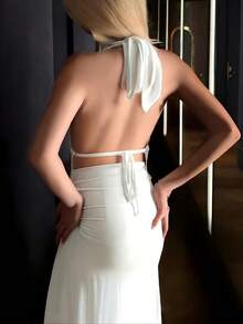 Vestido blanco con escote pronunciado y espalda descubierta, elegante vestido de fiesta de primavera - Blanco - Ver 2