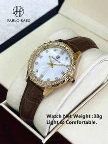 Pablo Raez 1 pezzo Orologio da donna in oro 18K con diamanti, lusso, moda, acciaio inossidabile, quadrante in cristallo, nuovo di zecca, classico, con strass, elegante, di alta gamma AAA, moda, design originale affascinante, cinturino in morbida pelle PU, design splendido, orologio al quarzo per ragazze da festa, quadrante bianco, alta qualità, popolare per studenti e adolescenti, impermeabile 50M, casual, carino, bellissimo regalo per insegnanti, adatto per donne, amiche o famiglia, vita quotidiana/lavoro/studio/festa, decorazione, regalo di laurea, matrimonio - Bianco - Visualizzare 7