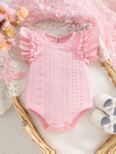 1pc Baby Girls' Romper, Jacquard Hollow-Out Fabric, Comfortable, Ruffle Trim Cap Sleeve, Suitable For Spring/Summer Casual Daily & Home Wear