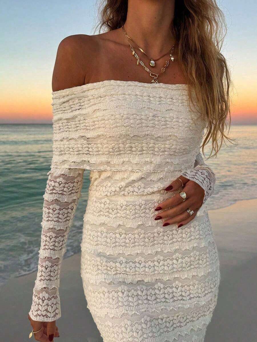 1 Pc Off Shoulder Long Sleeve Form-Fitting Sexy Minimalist Sexy Mini Dress - Màu be - Xem 1