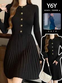 [Y6Y] Women's Black Elegant High-Quality Knit Crew Neck Short Dress - Black - View 9
