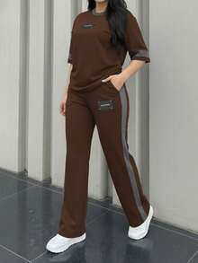 2pcs Women's Spring/Autumn Round Neck Short Sleeve T-Shirt And Elastic Waist Loose Pants Set, Casual Daily Wear - Brown 235 - View 3
