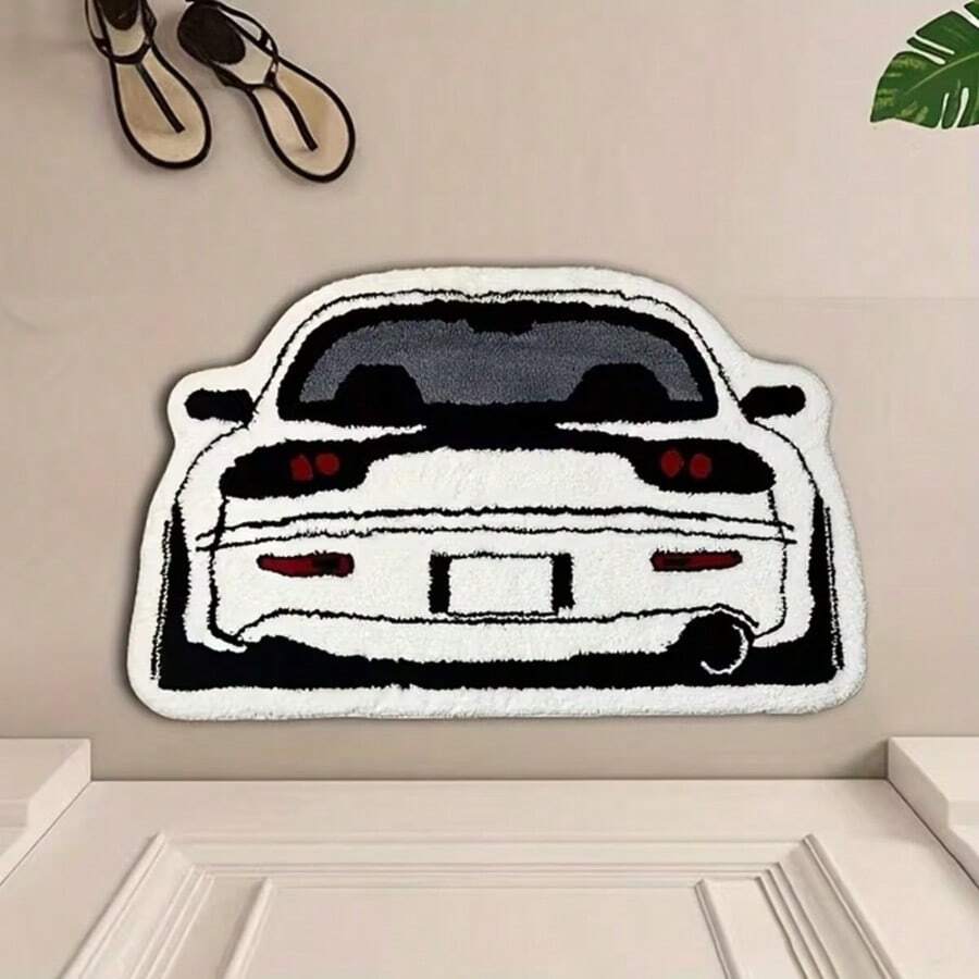 10mm Thick Soft & Fluffy Automotive Design Plush Area Rug, Doormat, Bathroom Mat - Non-Slip And Machine Washable, Black And Gray With White Wheels, Suitable For Vintage Gaming Room Decor In Living Room Or Bedroom, Comfortable And Fashionable Home Decor, Bedroom Mat Vintage Car Mat Textured Plush Mat, Living Room Mat - Car - View 1