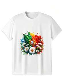Camiseta Oversize con Estampado de Bandera de Portugal y Flores - Colores Blanco y Negro, Casual para Hombres - Blanco - Ver 3