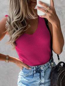 Acelitt Tank Top Rajut Wol Tanpa Lengan Leher V Warna Polos untuk Wanita, Kasual, Liburan Musim Panas - Hot Pink - View 3