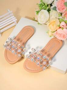 1 Pair Girls' Nude Transparent Sandals With Rainbow Diamond Decor, Open Toe Flat, Comfortable Sparkling, Sweet And Ethereal, Suitable For Summer Street Wear - Clear - View 3