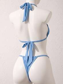 2pcs/Set Women's Sexy Ruched Lace Backless Beach Bikini For Summer Vacation - Dusty Blue - View 5