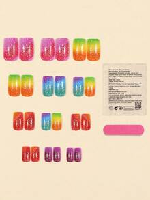 24片彩虹渐变闪粉短棺材形假指甲 - 鲜艳的渐变色和闪亮效果，自粘凝胶美甲，适合骄傲月/派对 - 彩色 - 查看 6