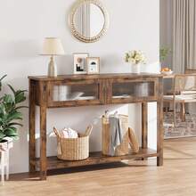 Consola Moderna con Estantes y 2 Cajones de Vidrio - Mesa de Entrada Estrecha y Larga | Estilo Rústico, Color Marrón, Ideal para Sala, Pasillo o Estilo Campestre - Marrón - Ver 2