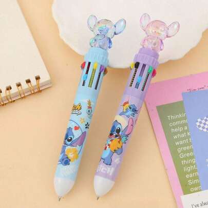 10 piezas Bolígrafos con flores de Stitch lindos, 10 colores por bolígrafo, Set de bolígrafos retráctiles de Stitch, Set de resaltadores de dibujos animados, Adecuado para la escuela, el hogar, la oficina, regalos festivos, accesorios, regalos de compañía, Bolígrafo retráctil multicolor de Stitch con cristal, regalo perfecto para volver a la escuela