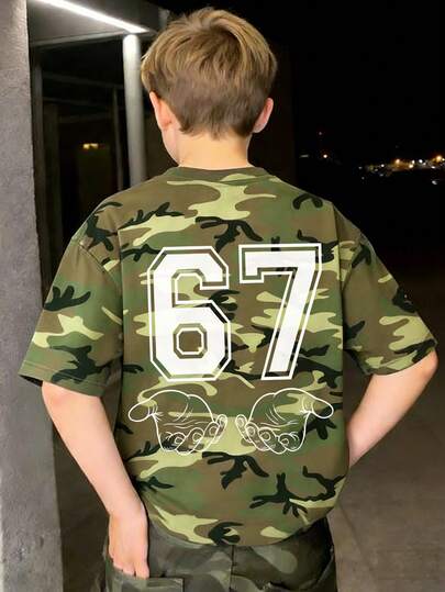 1pc Tween Boy Casual "67 SIX SEVEN" Letter & Number Graphic Print Camo Contrast Color Short Sleeve T-Shirt, Young Student Summer Top