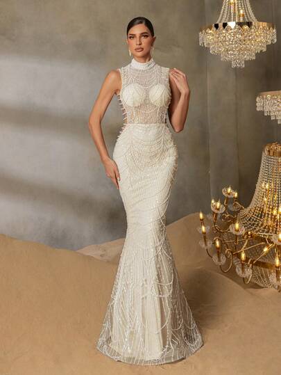 Faeriesty Elegant High Neck Mermaid Sequin Dress For Women - Sleeveless Beaded Top, Sequin Embellished Hem, Suitable For Romantic Valentine's Date, Destination Luxury Wedding, And Red Carpet Gala Party Formal