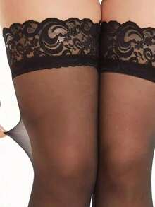 Plus Size Thigh High Stockings (XXL) - Black Lace Thigh High Stockings Sheer Thigh High Lingerie Stockings Pantyhose - 彩色 - 查看 5