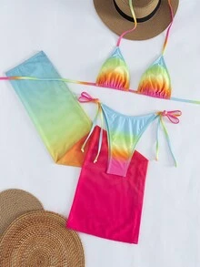 三件套性感渐变黄绿色吊带比基尼套装 - 三角上衣 + 系带腰泳裤 + 修身中长裙 | 夏季海滩度假必备泳装 - 彩色 - 查看 4