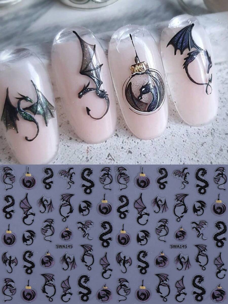 2 Sheets Shiny Black Dragon Nail Art Stickers, Halloween Dinosaur Pterodactyl Bat Gothic Style Nail Decals, Self-Adhesive, Suitable For Acrylic Nails, Nail Art Decoration - 黑色 - 查看 1