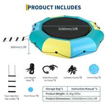 Trampolín Inflable de Agua 10FT - Rebotador Flotante para Lago y Piscina con Escalera de Cuerda, Bolsas de Anclaje y Bomba de Aire Reversible - Para Adultos y Niños - azul y verde - Ver 2