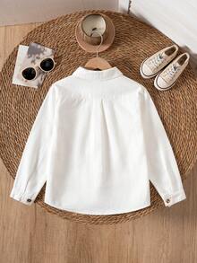 Boys' Classic All-Match Pure Cotton White Long Sleeve Shirt, Pocket Patch Simple Versatile Stylish, Suitable For All Seasons, Casual, School, Holiday Gatherings - White - View 2