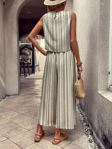 Women's Striped Elegant Casual Party Cable Knit 2 Pieces Set, Summer Beach - Apricot - View 3