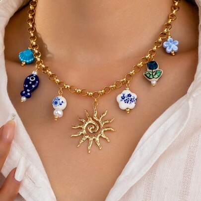 1 chiếc vòng cổ mặt dây chuyền hình tia nắng thủ công với vỏ sò mùa hè, mặt dây chuyền hình cá, mặt dây chuyền hoa tulip bằng gốm, phụ kiện trang sức du lịch (Hình dạng và màu sắc có thể khác nhau ngẫu nhiên)