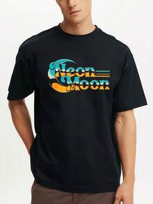 Neon Moon Design Print Pattern Printed Premium T-Shirts Mens Summer Short Sleeve Tees Casual Tops - Black - View 1