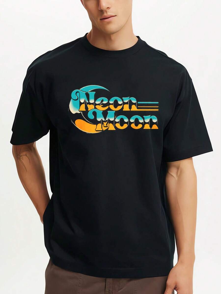 Neon Moon Design Print Pattern Printed Premium T-Shirts Mens Summer Short Sleeve Tees Casual Tops - Black - View 1