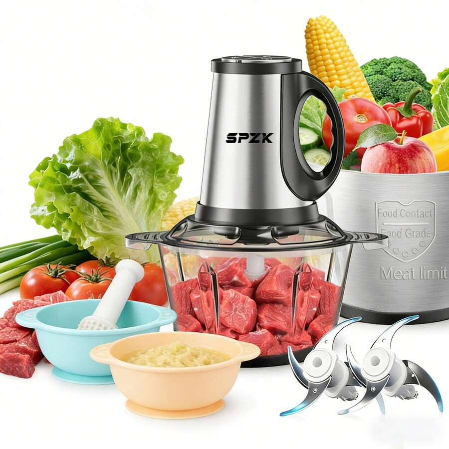SPZTJK Electric Food Processor, 2L Large Capacity Electric Food Chopper - High Speed Stainless Steel Meat Grinder, Equipped With 4 Large Sharp Blades, For Home And Kitchen Use, Suitable For Fruits, Meat, Vegetables, Youngsters Food, Nuts, 2 Speed - 查看 1