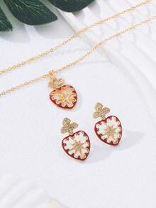 Fashionable Hollow Heart & Star Rhinestone Decor Pendant Necklace & Earrings Jewelry Set, Gift For Women - Red - View 5