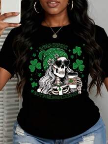 Women's T-Shirt St Patricks Day Skeleton With Coffee And Clover Print Dead Inside But Feeling Luck Ay Design For Casual Wear Party Celebration - 黑色 - 查看 1