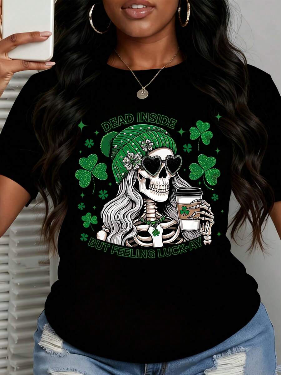 Women's T-Shirt St Patricks Day Skeleton With Coffee And Clover Print Dead Inside But Feeling Luck Ay Design For Casual Wear Party Celebration - 黑色 - 查看 1