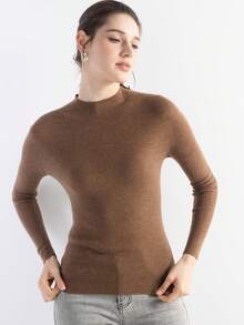 2026春夏女士美利奴羊毛混纺毛衣，休闲百搭，保暖柔软圆领长袖针织套头衫 - 棕色 - 查看 3