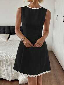 优雅黑色无袖荷叶边A字中长连衣裙，适合复古时尚派对和办公室穿着 - 黑色 - 查看 5