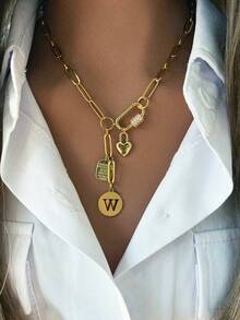 1pc Women's Gold Necklace With Screw Lock Design, Includes Letter Pendant, Letter Plate Pendant And Heart Lock Pendant, Fashionable And Lively, Suitable For Daily Wear And Holiday Occasions - Gold - View 17