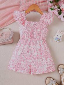 Young Girls' Sweet Floral Cap Sleeve Romper, Fashionable Princess Style Holiday Jumpsuit - Pink - View 2