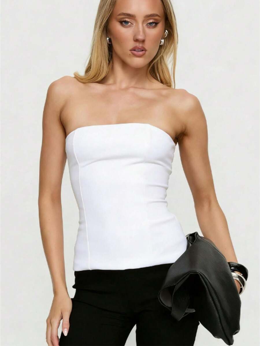 Womens Strapless Bustier Corset Top Y2k Lace Up Boned Overbust Corset Bodyshaper Tube Top Going Out Bustier - 白色 - 查看 1