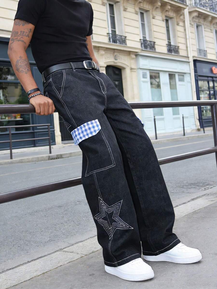 Men's Loose Star Embroidery Cargo Jeans, Streetwear Style Denim Pants - Black - View 1