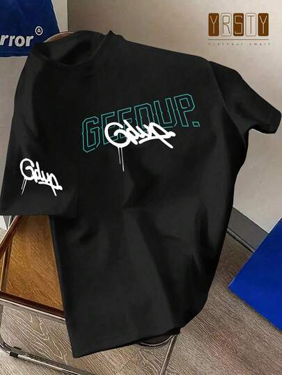 Men's Casual Letter Print T-Shirt, Couple Round Neck Short Sleeve Tee, Suitable For Spring/Summer, Valentine's Day