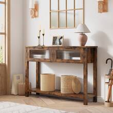 Consola Moderna con Estantes y 2 Cajones de Vidrio - Mesa de Entrada Estrecha y Larga | Estilo Rústico, Color Marrón, Ideal para Sala, Pasillo o Estilo Campestre - Marrón - Ver 1