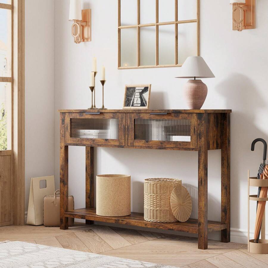 Consola Moderna con Estantes y 2 Cajones de Vidrio - Mesa de Entrada Estrecha y Larga | Estilo Rústico, Color Marrón, Ideal para Sala, Pasillo o Estilo Campestre - Marrón - Ver 1