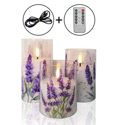 3支装可充电无焰蜡烛灯，亮度可调，带定时遥控器，暖白闪烁LED蜡烛灯，薰衣草图案，家居装饰创意礼品，温暖的火焰适用于灯笼、庭院、圣诞节、婚礼、生日、万圣节、情人节、派对、餐桌、节日等场合。
