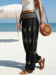 女士高腰褶皱印花裤，波西米亚宽松沙滩裤，休闲度假无弹力阔腿裤（JH25164） - 黑色 - 查看 1