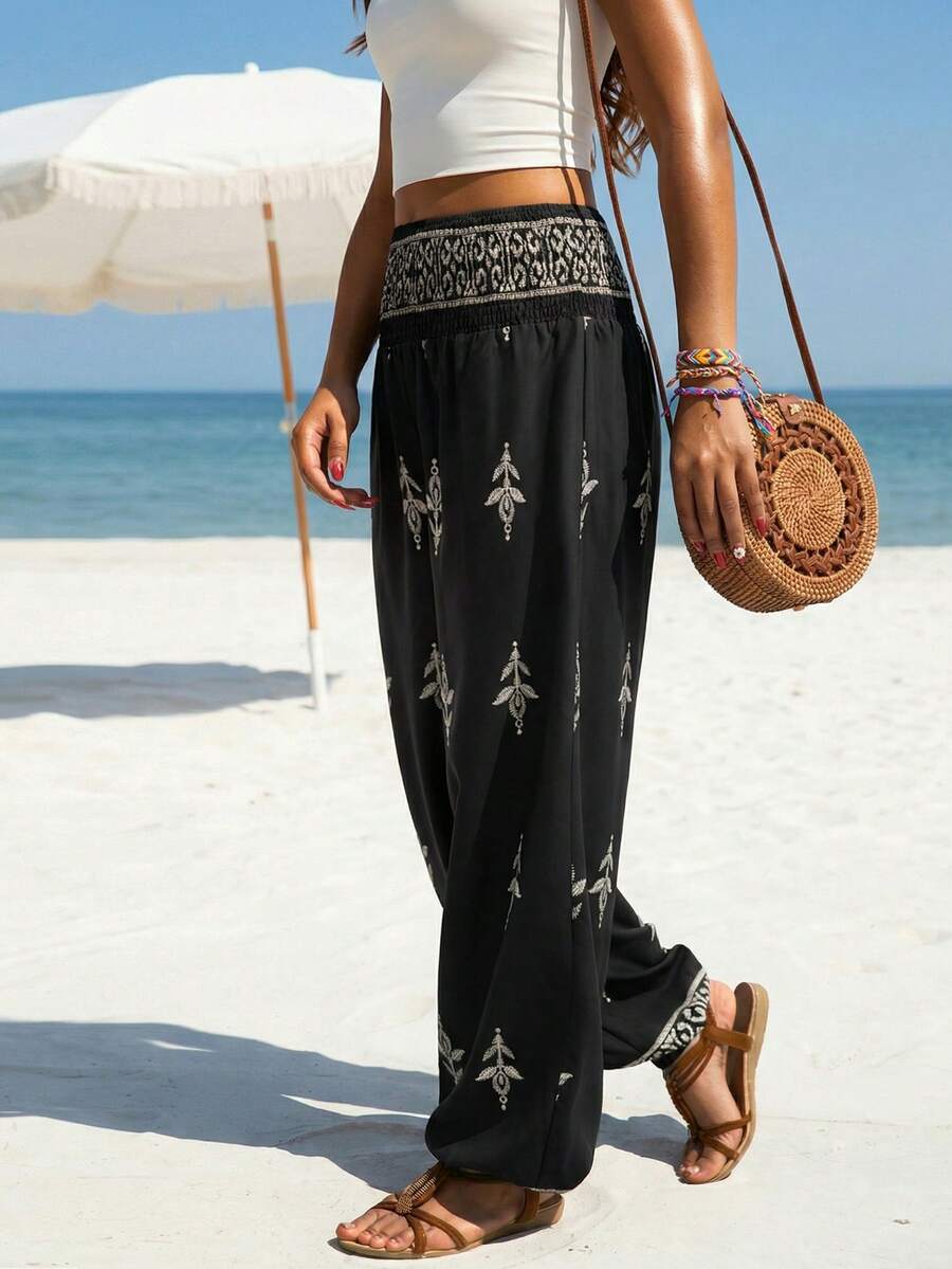 女士高腰褶皱印花裤，波西米亚宽松沙滩裤，休闲度假无弹力阔腿裤（JH25164） - 黑色 - 查看 1