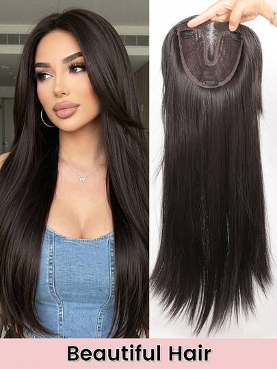 Mittelscheitel lange gerade Haare mit schwarzbrauner Haarspange Pony, Hochtemperatur-Faser Großflächen-Handstrick-Haarteil, Clip-In Haarverlängerung Perücke oben auf dem Kopf, ohne Perückenkappenbedarf, lange gerade Haare mit Mittelscheitel, synthetische natürliche voluminöse Pony Perücke