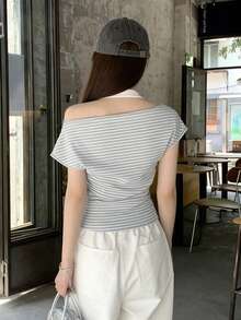 撞色条纹露肩褶皱二合一设计优雅短袖上衣 - 藍色條紋 - 查看 12