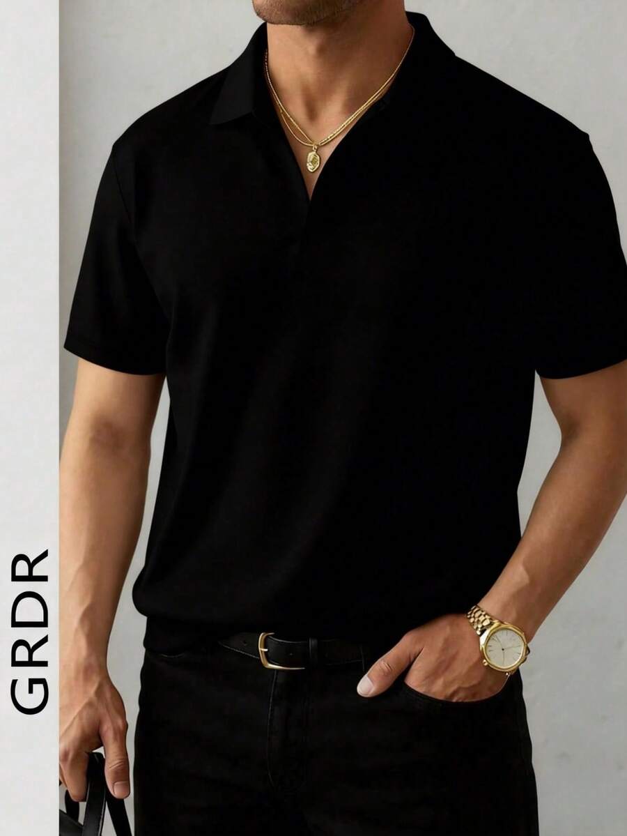 GRDR Men's Minimalist Airplane Collar Short Sleeve T-Shirt, Casual Commuter Style - Black - View 1