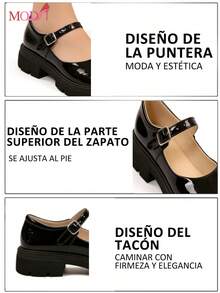 Bailarinas cuadradas para mujer, zapatos planos de piel sintética tipo Mary Jane, transpirables y casuales, elegantes y de moda, bailarinas de ante, zapatos versátiles de moda casual para mujer, para ir al trabajo y de vacaciones,zapatos para mujer,zapatos comodos de mujer, Zapatos De Estilo Mary Jane Para Mujer De Talla Grande, De Estilo Minimalista Y Preppy, De Piel Sintética (PU), Tacón Grueso, Suela Plana Gruesa Y Versátil De Color Negro Brillante,zapatos para mujer,Cómodos oxfords con elevación, zapatos para fiesta estilo británico.Regalos para mujer/mamá/niña - Negro - Ver 12